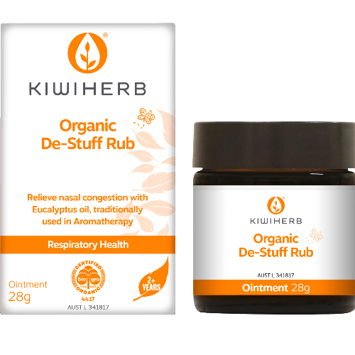 KIWIHERB Organic De-Stuff Rub 28g Kiwiherb Organic De-Stuff Rub helps ease stuffy congestion in the head and chest and supports clear airways and combines the healing touch of a parent with clinical benefits of active plant extracts in a soothing, aromatic rub.