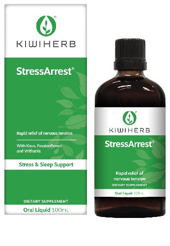 KIWIHERB StressArrest 100ml Kiwiherb StressArrest combines the traditional relaxant properties of Kava, Passionflower and Withania, Kiwiherb StressArrest® provides immediate relief of nervous tension and worry. 