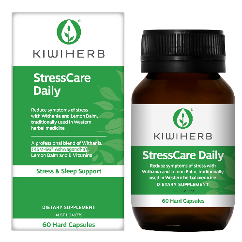 KIWIHERB StressCare Daily 60 Caps Kiwiherb StressCare Daily helps reduce the daily effect of stress, worry and nervous tension with an advanced blend of calming and rejuvenating herbs, KSM-66® Ashwagandha, Lemon Balm traditionally used in Western herbal medicine, and essential B vitamins.