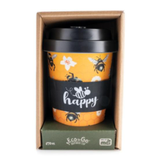 Eco-to-Go Bamboo Cup - JoyBee Eco-friendly travel cup made from bamboo Features fuzzy bees and white flowers on a warm honeycomb background Matching black anti-spill lid and protective silicone band with ‘Boss Bitch’ text Holds approximately 470 ml 10(L) x 10(W) x 14(H) cm SKU: LT-EGC/BH