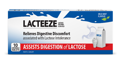 Lacteeze Extra Strength Aids Digestion of Dairy 10 Tablets Enjoy all your favourite dairy foods again with Lacteeze Extra Stength! Lacteeze aids the digestion of dairy with the temporary increase in lactase enzymes in the digestive system to provide relief of gas, bloating, abdominal cramps and diarrhoea associated with the digestion of dairy. This allows the lactose in dairy to be digested naturally.
