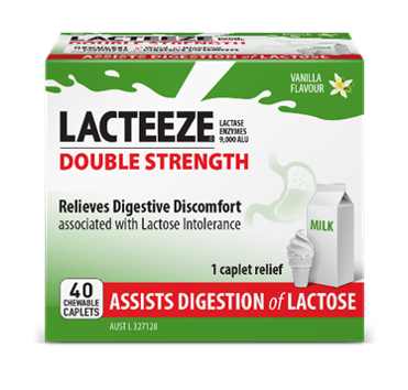 Lacteeze Ultra Double Strength Aids Digestion of Dairy 40 Caplets Lacteeze aids the digestion of dairy by the temporary increase in lactase enzymes in the digestive system to provide relief of gas, bloating, abdominal cramps and diarrhoea associated with the digestion of dairy.