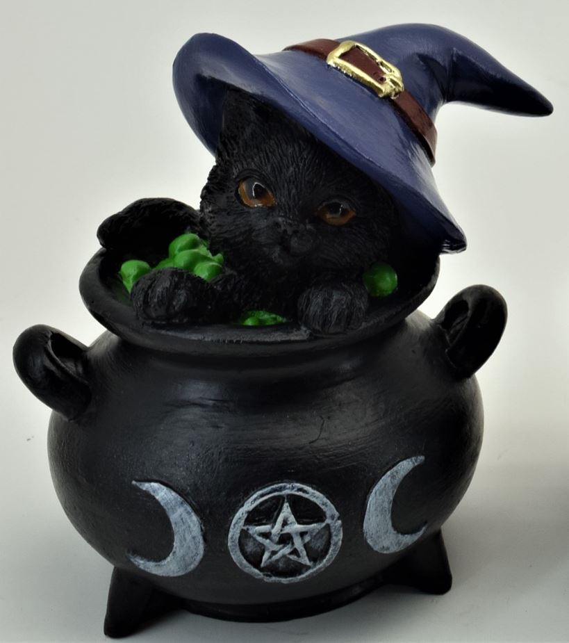 Black Cat In Cauldron This listing is for One of the 2 options. Choose one of the two options, Blue Hat or Black Hat.   This listing is not for 2 items.  SKU: MK392