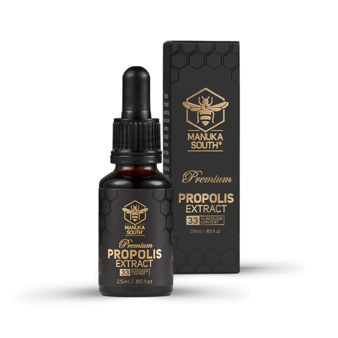 Manuka South Propolis Extract 33mg 25ml Dropper Created by bees to keep the hive safe, Propolis is a natural substance used to strengthen and protect the hive from diseases. Offering powerful antioxidant properties, it helps to support the immune system with guaranteed flavonoid content.    Premium Propolis Extract can also be applied topically to assist the body’s natural repair processes. Each dose delivers a guaranteed 33 mg of active flavonoids.
