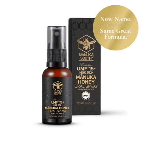 Manuka South UMF 15+ Manuka Honey Oral Spray with Propolis 30mls Formulated using our premium UMF 15+ (MGO 512) Mānuka honey combined with our premium New Zealand propolis extract our oral spray offers natural high-grade antibacterial and antiviral properties. 
