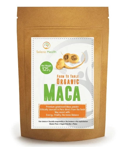 Seleno Organic Activated Maca Powder 500g  Once harvested our maca is naturally dried for 3 months at altitude, then activated (pressure heated) to remove the starch and bacteria before being combined with 30% organic Peruvian cacao from the jungles of northern Peru to create an even more potent antioxidant superfood with a rich chocolate flavour.