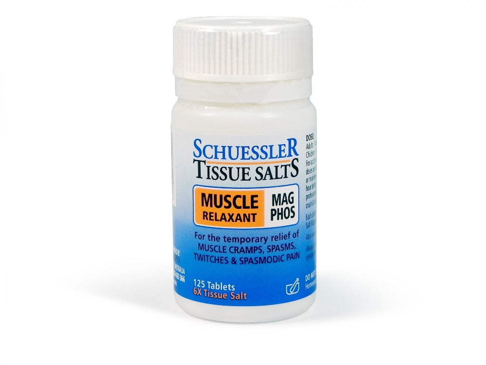 Dr Schuessler Mag Phos 6X Tissue Salt 125 Tablets  Magnesium Phosphate: NERVE & MUSCLE RELAXANT Blood, bone & teeth.  Mag Phos is the anti-spasmodic, tissue salt.  HEALTH BENEFITS:  For the temporary relief of: Muscle cramps, spasms, twitches & spasmodic pains.