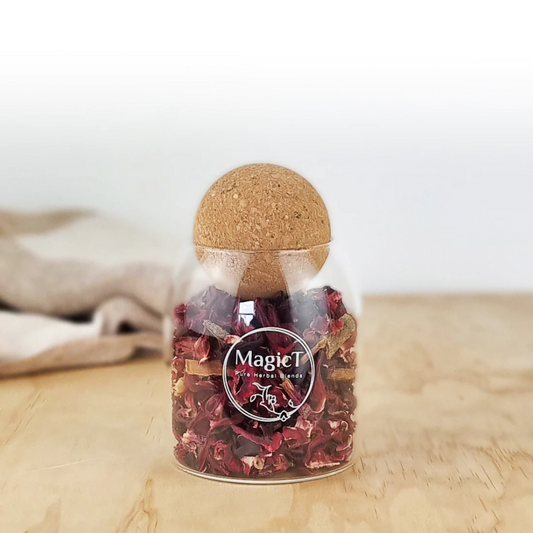 MagicT - Fitness - Hibiscus and Cinnamon Blend 60g Glass Jar Hibiscus has been a symbol of delicate beauty from Goddess Kali in India to the love story of Adonis and Aphrodite in Greece. In Victorian times, to be given a hibiscus showed that the giver had acknowledged the receiver’s delicate beauty.
