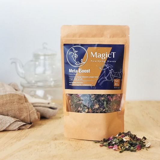 MagicT - Fitness - Meta Boost Blend 40g 1st Stop, Marshall's Health Shop!  Less-fermented green tea leaves are picked by expert tea pickers and carefully carried to processing.  The dried ginger roots in this blend are ‘white’ with the skin peeled off, coming directly from India’s eastern state. They are rich in potent diuretic and thermogenic proprieties.