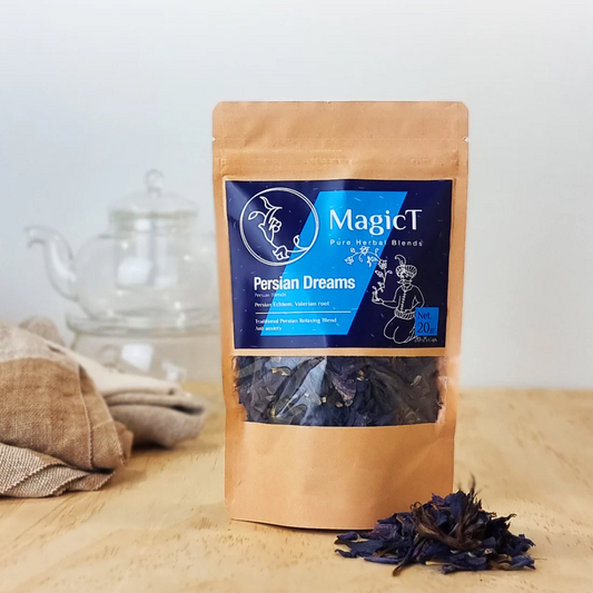 MagicT - Persian Dreams - Blend 20g 1st Stop, Marshall's Health Shop!  Relax with Persian Echium which comes directly from the Alborz mountains in Iran, blended with Valerian root.  Incredible aromatic pink tisane to calm your mind and body.  HEALTH BENEFITS:  Relaxing Anxiety