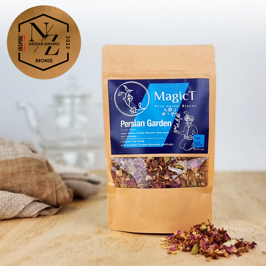 MagicT - Persian Garden 60g Pouch The Winner of the NZ Artisan Awards Bronze Medal.  This tea will make you feel like you're walking in a Persian garden.  You must taste this blend to take you to paradise on earth. Originally the Persian garden's purpose was, and still is, to provide a place to relax in a variety of manners both spiritually and emotionally.