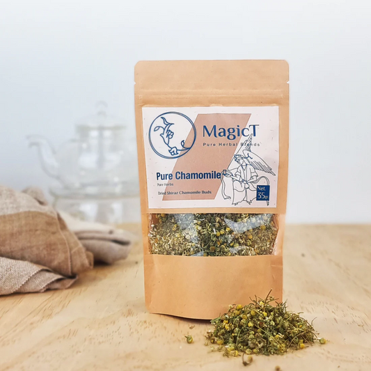 MagicT - Pure Herbs - Pure Chamomile 35g Pouch 1st Stop, Marshall's Health Shop!  This chamomile tea is refreshing, with a natural sweetness and can be drunk at any time. Studies show chamomile tea has calming effects on your sleep quality as well as boosting your immune system. Enjoy drinking this pure herbal tea for its delicious taste and comforting aroma.  Pure Dried Shiraz Chamomile buds