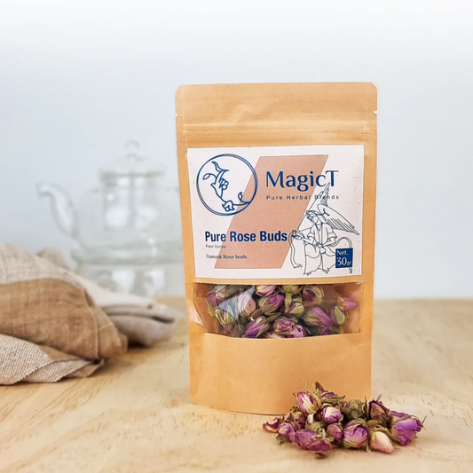 MagicT – Pure Herbs - Pure Rose Buds 30g Pouch 1st Stop, Marshall's Health Shop!  Pure Damask Rose buds  Aromatic, fresh rosebuds come straight from Ghamsar/Kashan. Rosebud tea made from large, whole, dehydrated rose blossoms is fruity and light-tasting, with no calories. The Rosebuds are surprisingly fragrant. The fantastic aroma of these flowers and their freshness are unbelievable. Rosebuds are also used for cooking and garnishing food and desserts.