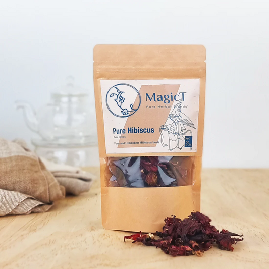 MagicT - Pure Herbs - Pure Hibiscus 25g Pouch 1st Stop, Marshall's Health Shop!  Pure and unbroken Hibiscus buds  Deep red colour. Sweet and tart flavours, similar to cranberry, and it is consumed both hot and cold.  It helps to reduce body weight, It is known to be rich in vitamin C, help weight management, lower blood pressure, and reduce blood sugar levels.