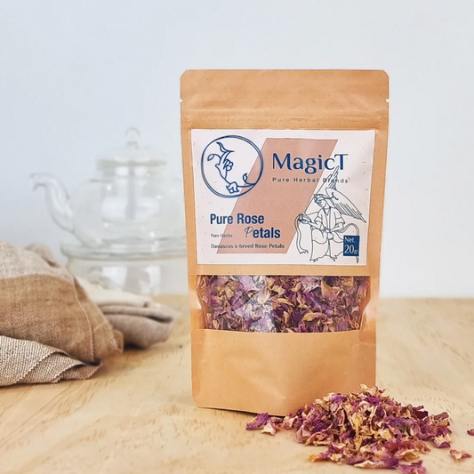 MagicT - Pure Herbs - Pure Rose Petals 20g 1st Stop, Marshall's Health Shop!  Pure rose petals have a very aromatic, floral and slightly sweet flavour.  Delivering anti-ageing benefits such as stress-reducing effects and helps to protect your body from cell damage. High in antioxidants.  These rose petals also can be eaten raw, mixed into green salads various fruit or green salads granola or mixed herbs.