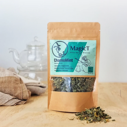 MagicT - Relax - Chamo Mint 30g 1st Stop, Marshall's Health Shop!  Blend of Chamomile and Peppermint to support Insomnia, Mood Lifter and Memory Booster.  INGREDIENTS:  Chamomile and Peppermint  DIRECTIONS:  20-25 Cups