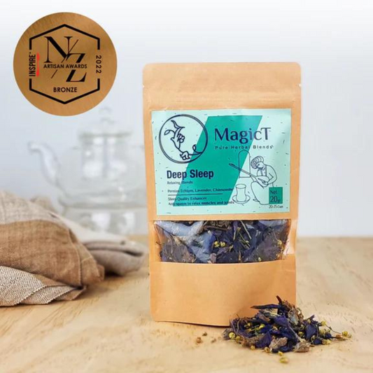 MagicT - Relax - Deep Sleep 20g Pouch The Winner of the NZ Artisan Awards Bronze Medal.  A cup of a natural and mellow-sweet blend of tranquil and comforting herbs that makes you ready to fall asleep when bedtime rolls around.  Persian Echium, a herb handed down from generations to us, was known as a cure for many pains in ancient Persia. Lavender in this blend comes from one of the best traditional Lavender farms in the southwestern part of Turkey,