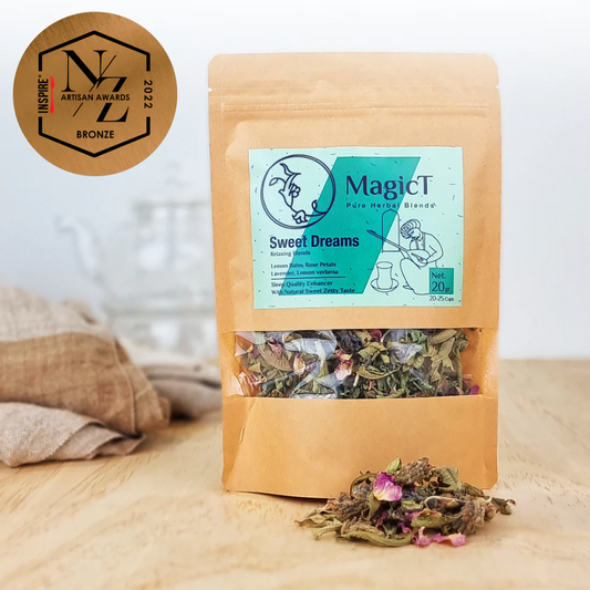 MagicT - Relax - Sweet Dreams 20g Pouch 1st Stop, Marshall's Health Shop!  Lemon Verbena, Lemon Balm, Lavender, Rose petals  Enjoy nature’s true aroma and beauty, sip you tea it slowly and enjoy the lemony flavour and pleasing scent.  HEALTH BENEFITS:  Sleep Relax Stress