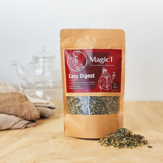 MagicT - Wellness – Easy Digest 40g Pouch A balanced blend of the absolute highest grade ingredients which include a combination of good and healthy digestive herbs.  Healthy digestion is essential for achieving fitness goals.    DIRECTIONS:  20-25 Cups