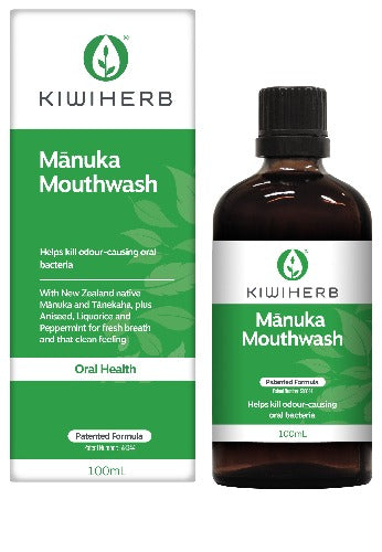 KIWIHERB Manuka Mouthwash 100ml Kiwiherb Manuka Mouthwash is a natural herbal mouthwash made from New Zealand native Manuka and Tanekaha which help to kill the odour-causing bacteria that cause bad breath.  In-vitro tests commissioned by Kiwiherb on preparations containing a combination of Manuka & Tanekaha have found activity against the common oral bacteria Streptococcus mutans, Streptococcus mitis, and Actinomyces naeslundii.