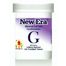 NEW ERA Tissue Salts Combination G 240 Tablets Combination Tissue Salt G: Backache, lumbago.  Homeopathic Tissue salts are sometimes referred to as ‘Biochemic Salts’ or ‘Cell Salts’. Rather than treating “like with like, “as is the case with orthodox homeopathic medicine, tissue salt remedies treat ailments by correcting imbalances or deficiencies in the body’s cell nutrition.  Tissue Salts still maintain physical quantities of the original substances, although in minute form (6x).