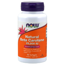 NOW Beta Carotene 25000IU 90 Softgels. Natural Beta-Carotene contains additional antioxidant carotenoids, Alpha-Carotene, Zeaxanthin, Cryptoxanthin and Lutein as naturally occurring in D. salina sea algae. This natural balance of related carotenoids is what makes this product more bioavailable than common synthetic Beta-Carotene. Natural Beta-Carotene is a fat-soluble food source of pro-Vitamin A.