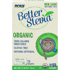 NOW Better Stevia Organic Powder - 75 Packets. What is BetterStevia? BetterStevia® is a zero-calorie, low glycemic, non-GMO, plant-derived sweetener that makes a perfectly healthy substitute for table sugar and artificial sweeteners. Unlike chemical sweeteners, BetterStevia® is a pure stevia extract and is easily utilized by the body and metabolized in the same way nutrients are