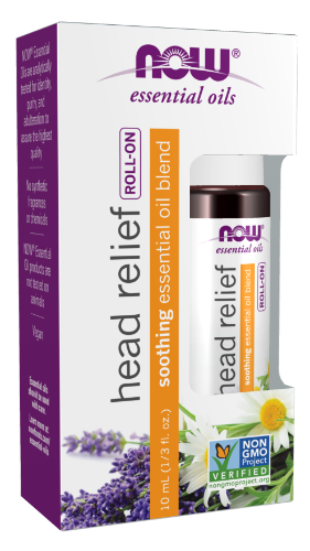 NOW Head Relief Essential Oil Blend Roll-On 10ml Soothing & Calming  No synthetic fragrances or chemicals  NOW® Essential Oil products are not tested on animals.  NOW® Essential Oils are analytically tested for identity, purity, and adulteration to assure the highest quality.  HEALTH BENEFITS:  Soothing & Calming  No synthetic fragrances or chemicals