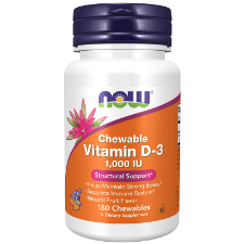 NOW Vitamin D3 1000iu 180 Chewables. What is Vitamin D3?  NOW® Chewable Vitamin D-3 supplies this key vitamin in a tasty chewable form. Vitamin D is normally obtained from the diet or produced by the skin from the ultraviolet energy of the sun. However, it is not abundant in food. As more people avoid sun exposure, vitamin D supplementation becomes even more necessary to ensure that your body receives an adequate supply.