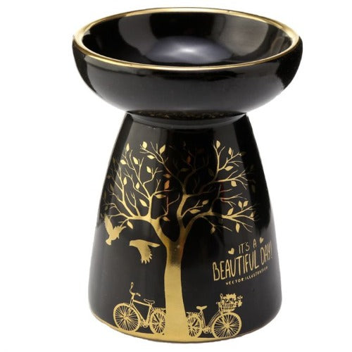Eden Metallic Gold Tree Ceramic Oil and Wax Burner Black