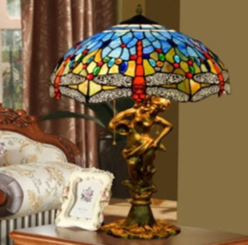 Kaku Table Lamp 16" Blue Top/Gold Figure (OFT1639) size: 40 x 64cm  Stained Glass Lampshade,  Aluminum alloy Base