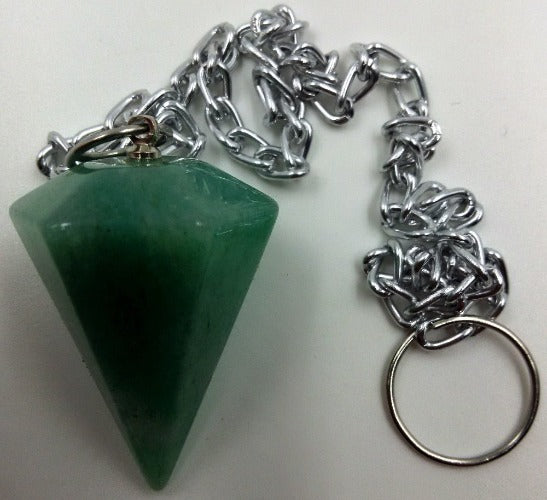 Cone Pendulums Aventurine Cone Pendulums- Aventurine  Dimensions: Length of stone-3cm.  Length from chain to the tip of the stone 29cm  Size and colour are approximate and may vary.  SKU: PLAV