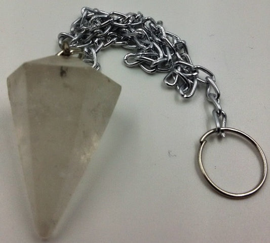 Cone Pendulums Clear Quartz Cone Pendulums- Clear Quartz  Dimensions: Length of stone-3cm.  Length from chain to the tip of the stone 29cm  Size and colour are approximate and may vary.  SKU: PLCQ