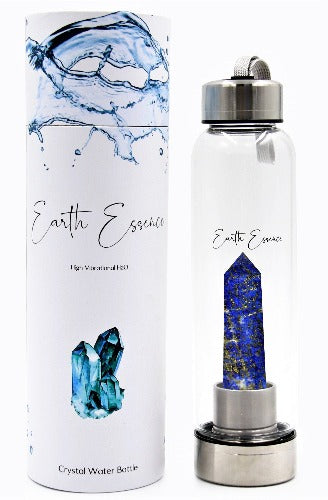 Crystal Point Bottle Lapis  Capacity: 550ml  The bottle is made of high grade borosilicate glass.  The stainless steel base and lid of the bottle can be unscrewed. The glass portion can be washed either by hand or in the dishwasher. Please do not place the crystal wand (attached to the base) in the dishwasher.  SKU: PWLP