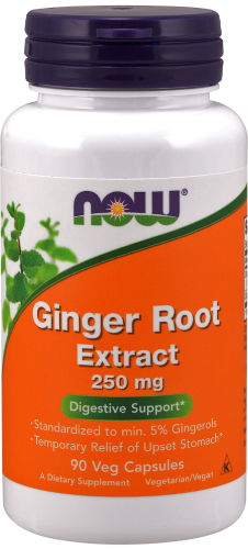 NOW Ginger Root Extract 250mg 90 Veg Caps What is Ginger Root Extract?  Ginger (Zingiber officinale) is a plant native to Southeast Asia that has a long history of use by traditional herbalists and is commonly used as a culinary spice. Ginger has more recently been shown to support digestive health and helps to temporarily relieve mild nausea and upset stomach.  In addition, ginger possesses a wide range of powerful free radical-quenching compounds.