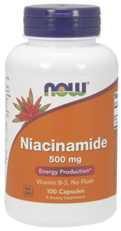NOW Niacinamide 500mg 100 Veg Caps. What is Niacinamide?  Niacinamide (Vitamin B-3) is a form of Niacin, a water soluble B-Vitamin. It is a derivative of Niacin that does not cause the "flush" normally associated with taking high doses of Niacin. Niacinamide is readily converted into the bioactive forms of Niacin, NAD+, NADH, NADP, and NADPH, which are vital cofactors in cellular energy production and are critical for the maintenance of DNA stability.