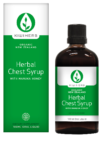 KIWIHERB Organic Chest Syrup 100ml Kiwiherb is a great tasting syrup suitable for the whole family. Containing herbs traditionally used to support the health of the respiratory tract & relieve coughs - Marshmallow root, Mullein, White Horehound and Elecampane - and naturally sweetened with Manuka Honey.
