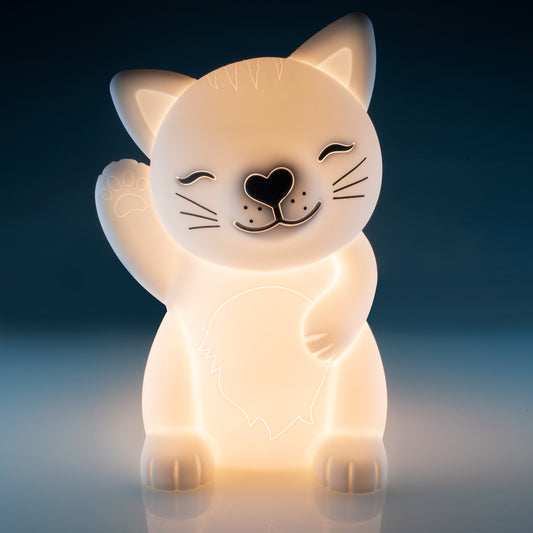 Lil Dreamers Cat Soft Touch LED Light Adorable kitten LED touch lamp with its paw up Activate and adjust 6 levels of brightness with just a touch Soft silicone casing with efficient LED bulb Rechargeable battery with included charging cord 11(L) x 12(W) x 11(H) cm Lithium not replaceable LED bulb not replaceable SKU: RS-LTL/C