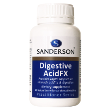 SANDERSON Digestive Acid FX 60 Chewable Tablets A pleasant tasting chewable mixed berry flavoured tablet that combines the digestive power of enzymes with acid-neutralizing calcium carbonate. This patented formulation provides broad spectrum digestive support especially for those who experience occasional digestive discomfort.
