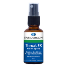 SANDERSON Throat FX Relief Spray 30ml Throat FX Relief Spray soothes a dry throat while supporting immune system heath.  Throat FX Relief Spray is a unique combination of 16 potent immune support ingredients including echinacea, white willow bark, garlic and Shiitake mushroom.