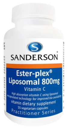 SANDERSON® Ester-plex® Liposomal 800mg is a potent antioxidant that supports cellular health and a healthy immune system. Ester-plex® Liposomal 800mg uses a proprietary method to create a liposomal matrix that combines a water soluble and fat soluble fraction which significantly improves the absorption and bioavailability of the vitamin C component for maximum benefit.
