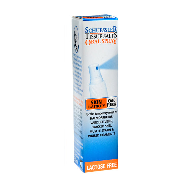 Dr Schuessler Tissue Salts Calc Fluor Spray 30ml Calc Fluor – ELASTICITY  Skin Elasticity  Calc Fluor is present in the surface of the bones, in the enamel of the teeth and in the elastic fibres of the skin and blood vessels.  It is responsible for all the elasticity within the body – deficiencies can lead to varicose veins, over relaxed organs, hardened glands, stretched ligaments.