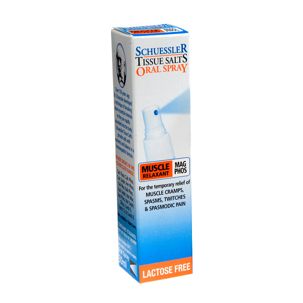 Dr Schuessler Tissue Salts 30ML Spray – Mag Phos 6X Muscle Relaxant Mag Phos is the anti-spasmodic, tissue salt. It is the remedy which relieves cramps and aches and supplements the action of Kali Phos. Mag Phos is quick to relieve pain, especially cramping, shooting, darting or spasmodic pain. It relieves muscular twitching, cramps, hiccups, convulsive fits of coughing and those sudden, sharp twinges of pain that are so distressing.