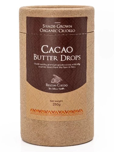 ORGANIC PREMIUM CACAO BUTTER DROPS - 250G 100% pure organic, single-origin, premium cacao butter.  Made only from virgin crop, meaning the first crop of the tree and hand-selected pods. Our cacao butter is fermented and full bean, generated from milling the whole bean into a creamy, rich paste then pressing to separate the cacao mass from the rich butter following ancient traditions.