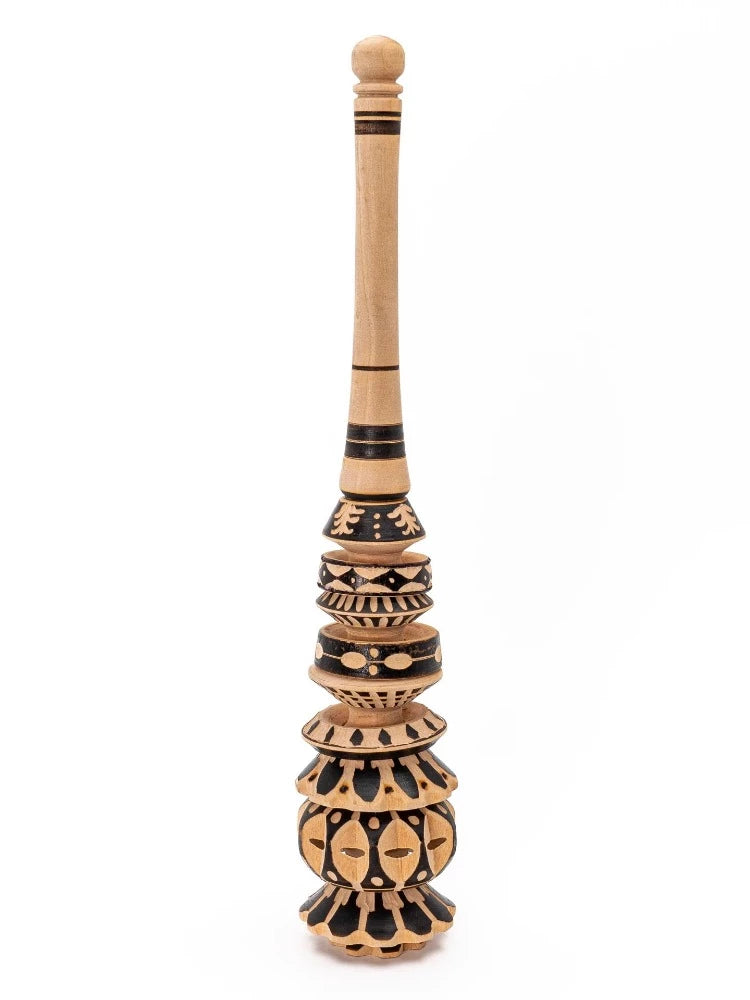 Traditional Molinillo – Ceremonial Cacao Whisk Made with sustainable Alder tree wood and naturally darkened and decorated by the frictional rubbing of pine wood. This artisanal wooden molinillo stirrer is made with love and care by our Mexican family friends following five generations of practice and knowledge.  Heat resistant, dishwasher safe, non-toxic, 100% natural. Not painted.