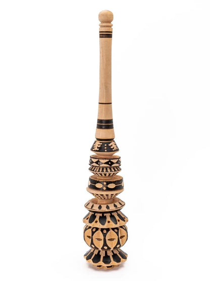 Traditional Molinillo – Ceremonial Cacao Whisk Made with sustainable Alder tree wood and naturally darkened and decorated by the frictional rubbing of pine wood. This artisanal wooden molinillo stirrer is made with love and care by our Mexican family friends following five generations of practice and knowledge.  Heat resistant, dishwasher safe, non-toxic, 100% natural. Not painted.
