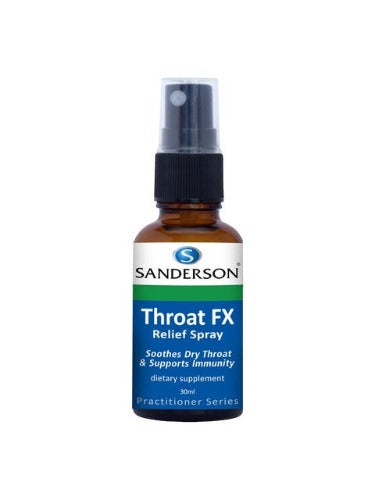 SANDERSON Throat FX Relief Spray 30ml Throat FX Relief Spray soothes a dry throat while supporting immune system heath.  Throat FX Relief Spray is a unique combination of 16 potent immune support ingredients including echinacea, white willow bark, garlic and Shiitake mushroom.