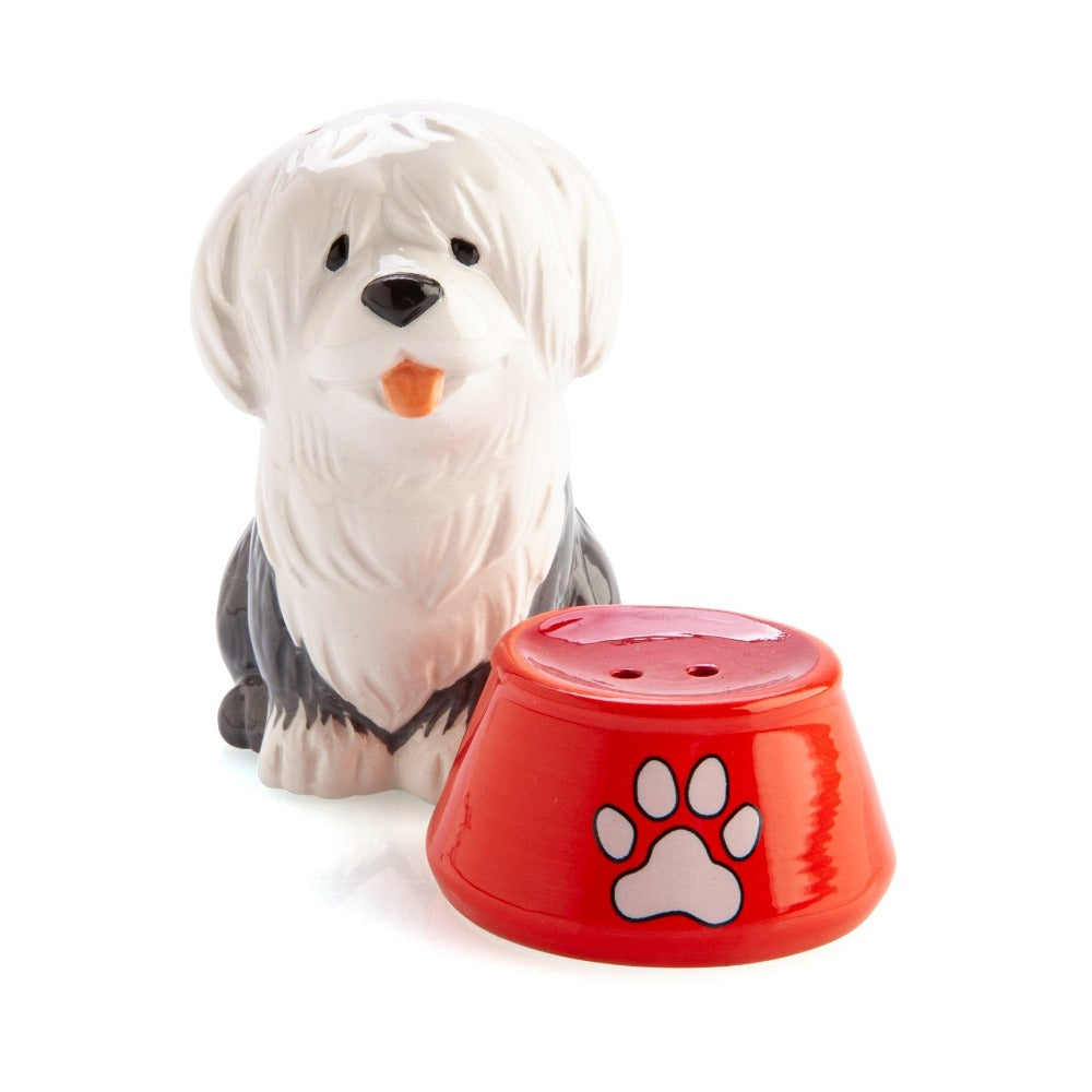 Flavour Mate Furever Pets Sheepdog & Bowl Salt & Pepper Set Salt and pepper set shaped like an Old English sheepdog and red dog bowl Adorable design makes this set a perfect collectible for dog lovers Hand wash only – not dishwasher safe 11.5(L) x 5.5(W) x 8.5(H) cm SKU: TJ-SP/SB