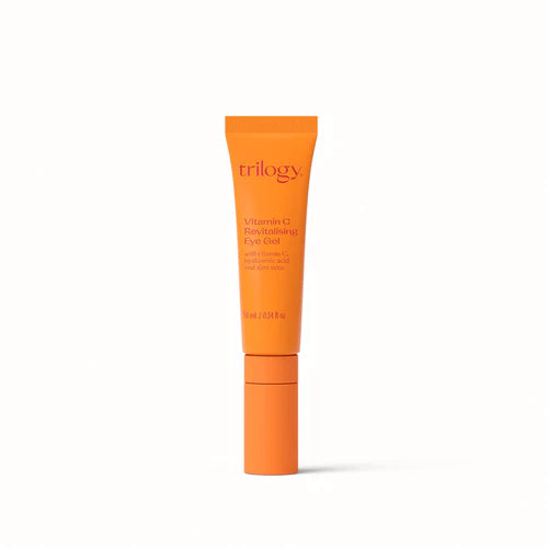 TRILOGY Vitamin C Revitalising Eye Gel 10ml Refresh and brighten the delicate skin around your eyes with our lightweight and nourishing daily eye gel, delivered via a cooling ceramic applicator.  Vitamin C and daisy extract energise dark circles and reduce the look of puffiness. Plant-derived hyaluronic acid hydrates for a smoothing moisture boost and cooling aloe vera refreshes and calms skin. 