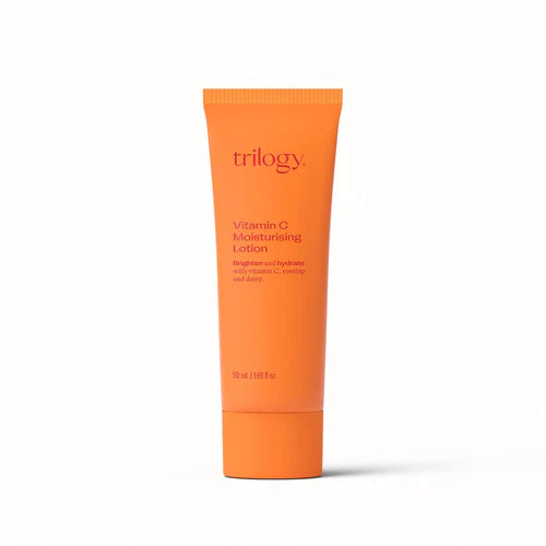 Trilogy Vitamin C Moisturising Lotion 50ml Switch your skin from dull and lacklustre to brightly revitalised with our lightweight daily hydrating lotion.  Formulated with antioxidant powerhouse vitamin C and daisy extract to help even skin tone and improve the appearance of pigmentation for that ‘lit from within look’. 